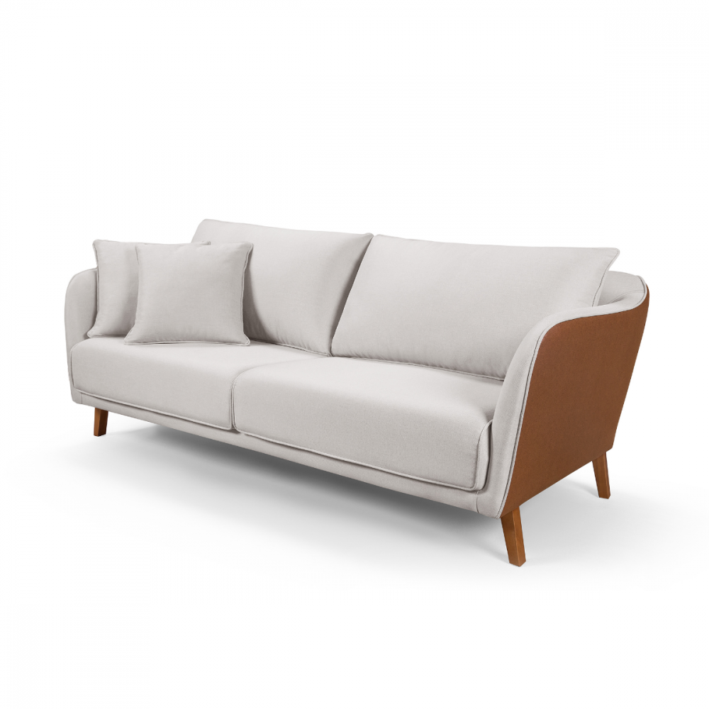 Conjunto Sofá Living Hórus e Poltronas Tecido Composê Linho Cru e Marrom Terracota 2,00M